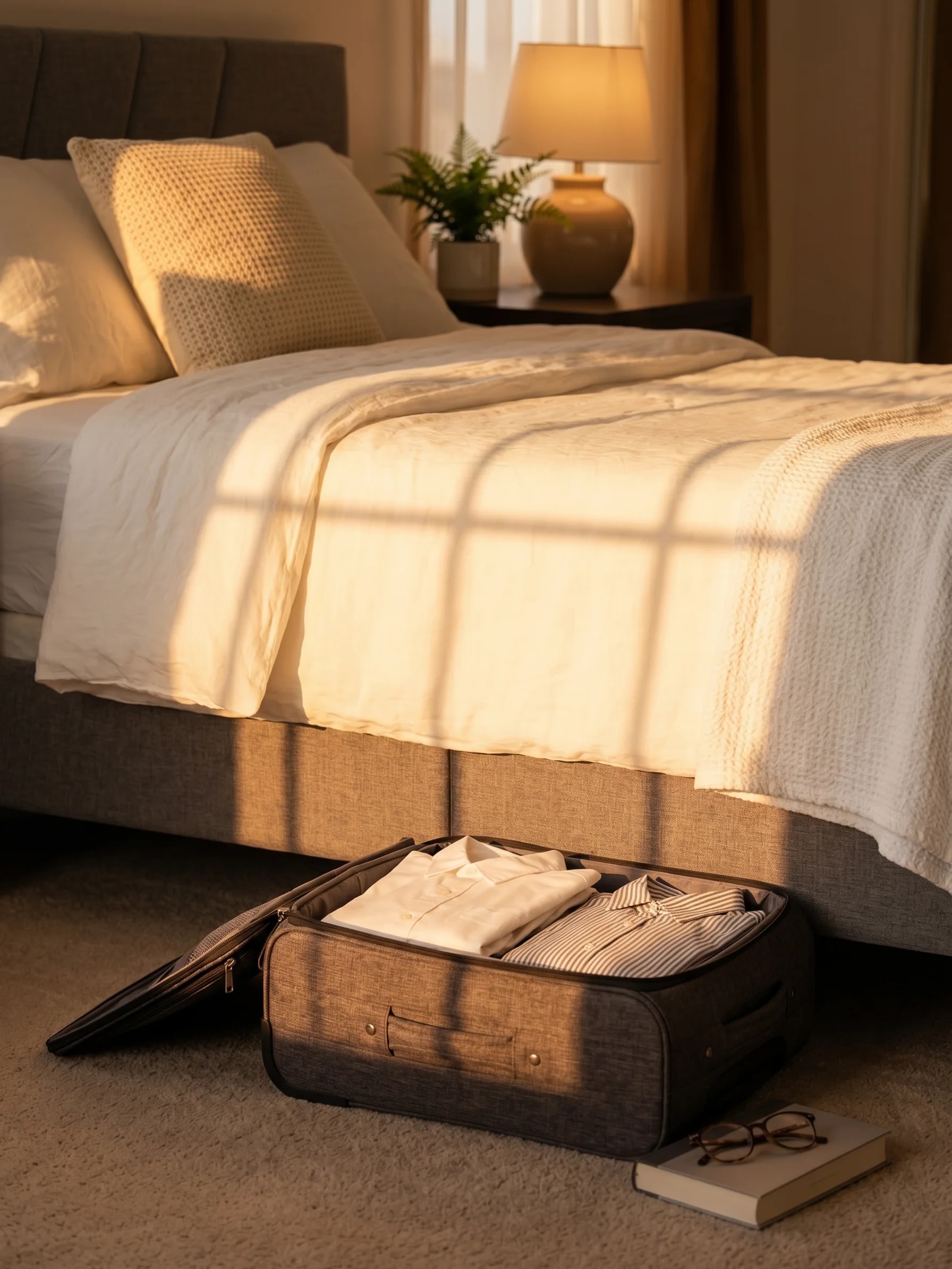 An open suitcase, half packed, at the foot of the bed in soft evening light.